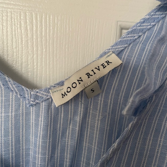 S: Cotton A-Line Sun Dress Blue/White PinStriped Tiered V neck NWOT new! - Picture 5 of 10